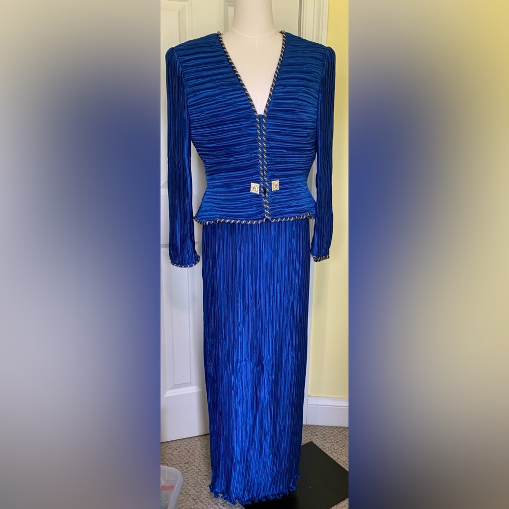 VTG I.Magnin Evening Lux George F. Couture Royal Blue Suit Set Gold Twisted Trim